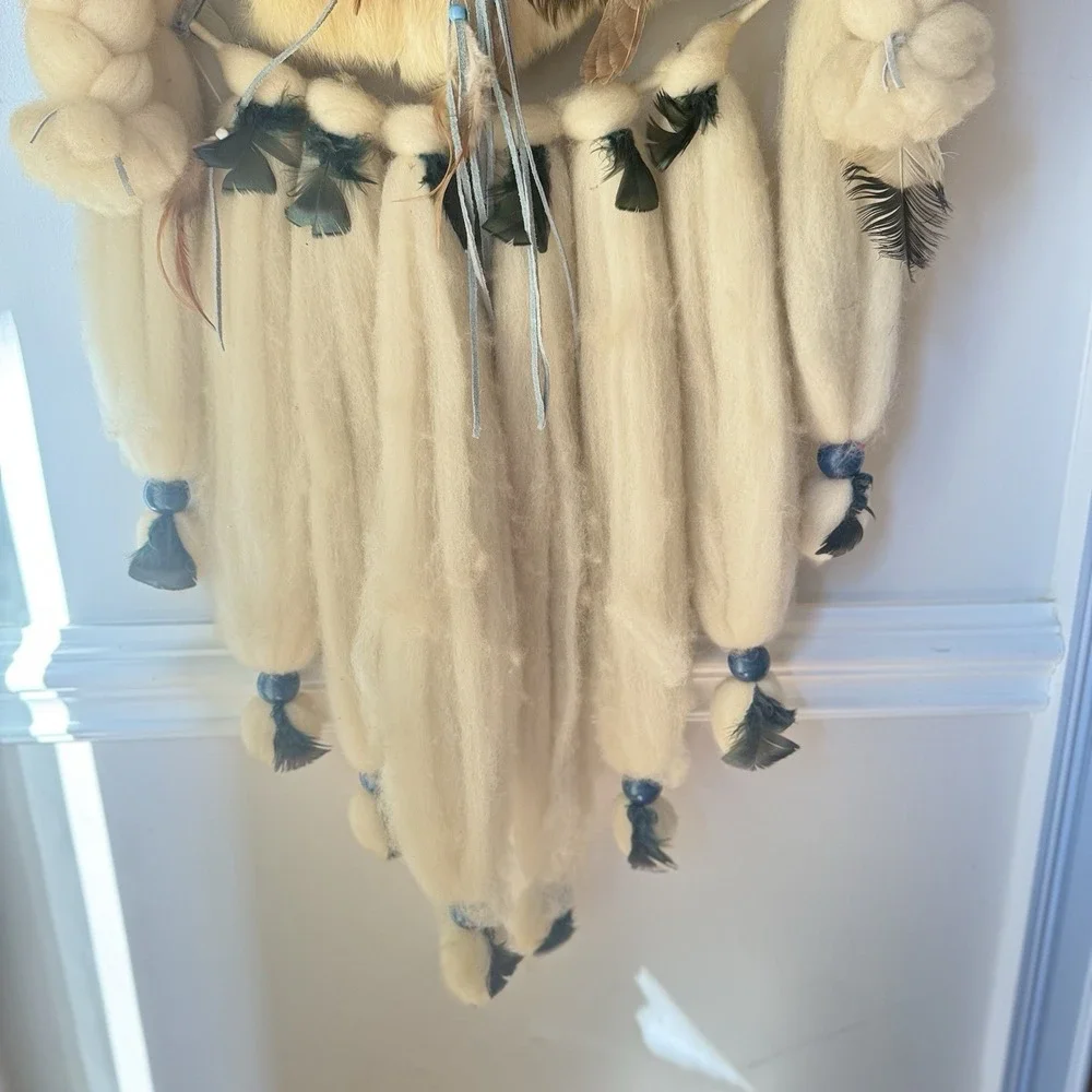 Vintage Native Large Dream Catcher Wall Hanging Fur Feathers 41